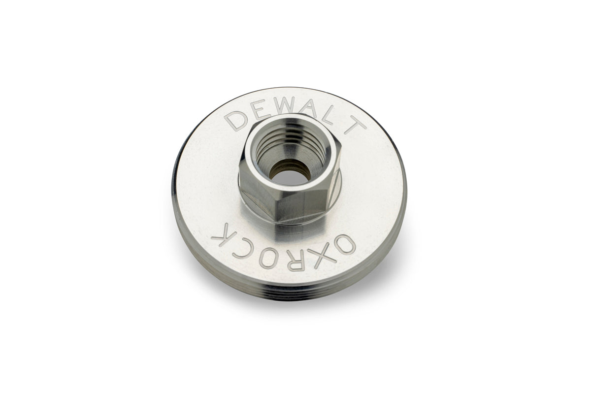 DeWalt OxRock metal grease gun adapter with threaded design for secure and efficient lubrication connections.