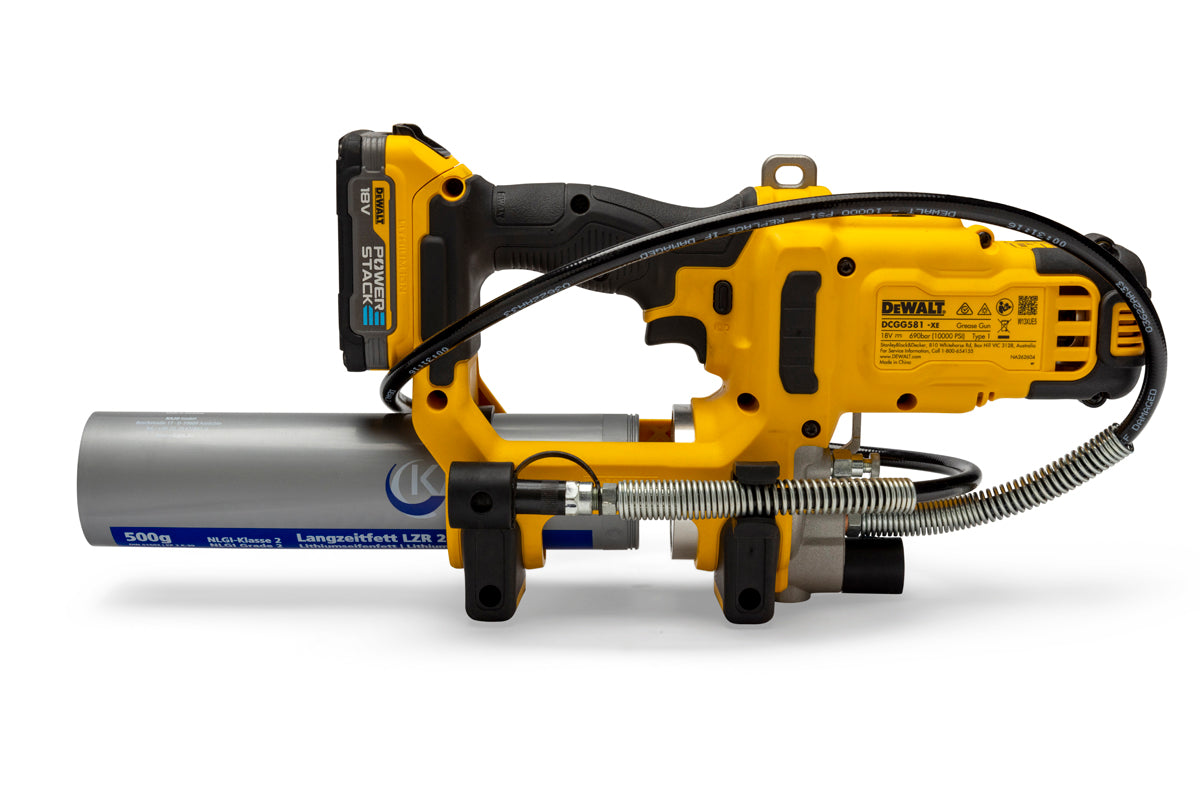 DeWalt cordless grease gun with lithium ion battery and grease cartridge for efficient lubrication.