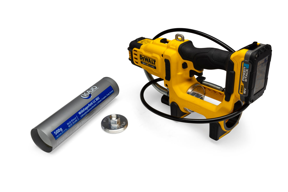 DeWalt 18V cordless grease gun kit with KAJO 500g grease cartridge and metal adapter for lubrication applications.