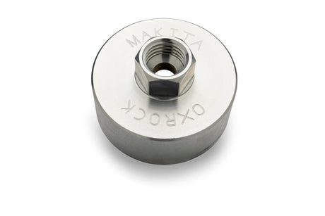 Stainless steel Makita OxRock adapter for converting grease guns to use modern screw thread cartridges.