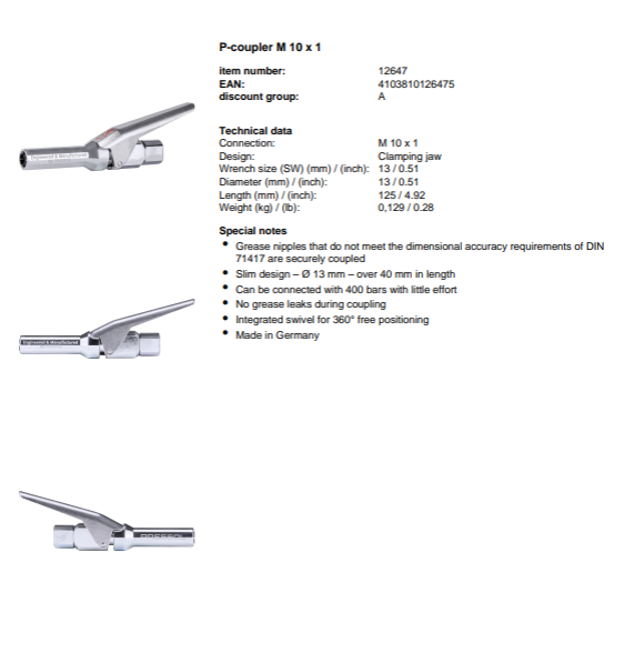 PRESSOL Quick-Release Grease Coupler (M10 × 1)