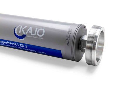 Kajo lubricant cartridge with metal screw adapter attached.
