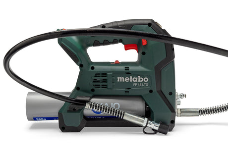 Metabo FP 18 LTX cordless grease gun with a flexible hose and ergonomic handle, displayed on a white background.