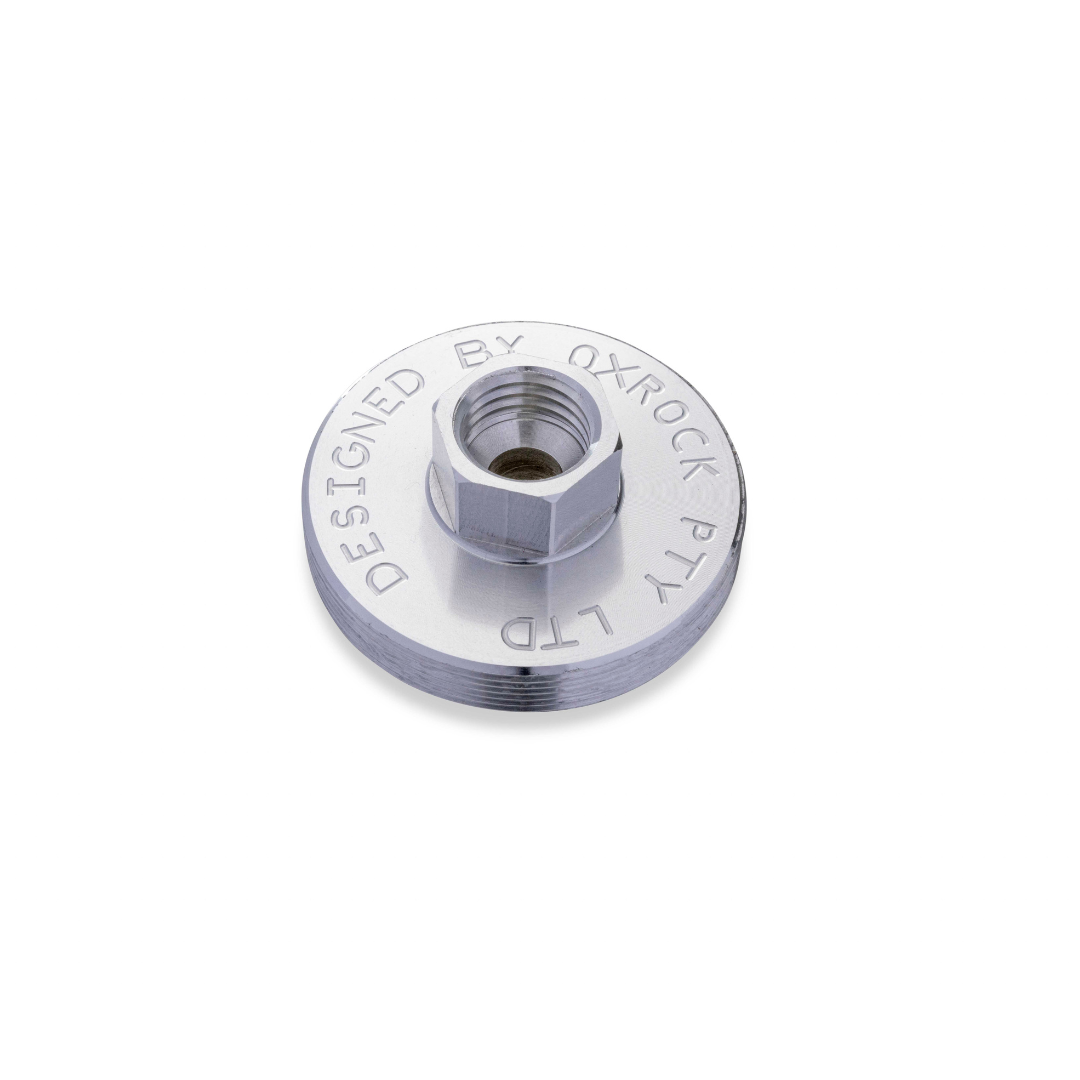 Silver OxRock grease gun adapter with engraved text, designed for converting grease guns to 500g screw cartridges.