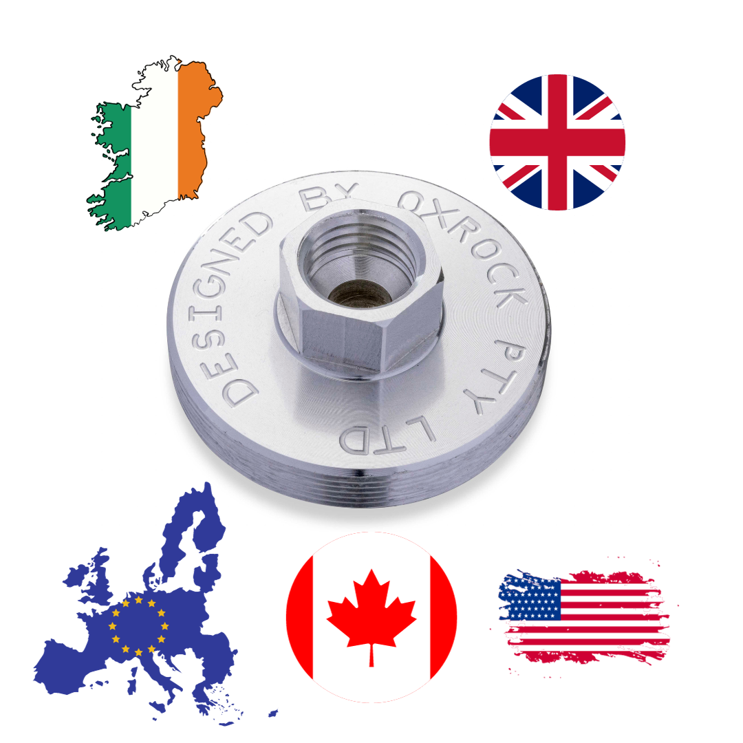 OxRock screw thread adapter with UK, USA, Canada, Europe, and Ireland compatibility.