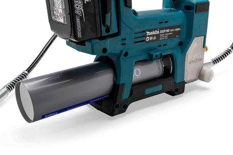 Makita DGP180 18V grease gun loaded with a 500g KAJO cartridge for efficient lubrication.