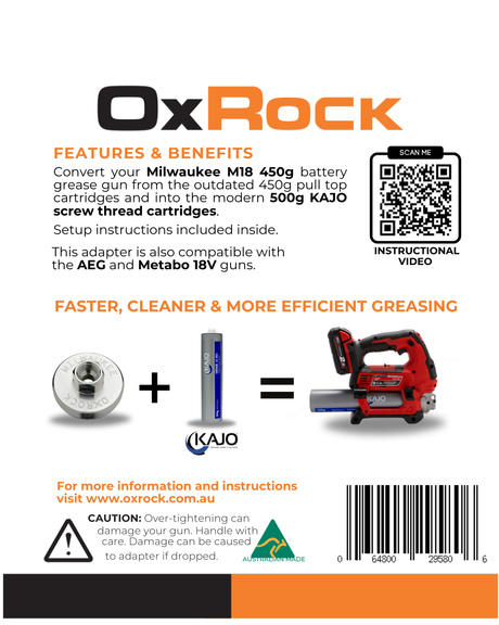 OxRock flyer showcasing Milwaukee M18 grease gun adapter for KAJO 500g cartridges with QR code for instructions.