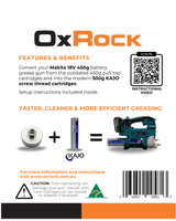OxRock adapter packaging showing compatibility with Makita grease guns and KAJO cartridges for efficient greasing.