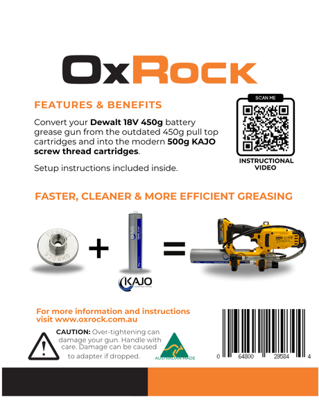 OxRock adapter for DeWalt 18V grease gun, allowing use of 500g KAJO screw thread cartridges for efficient greasing.