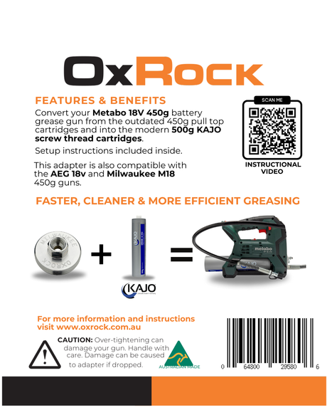 OxRock grease gun adapter flyer showing features, benefits, compatibility, caution, and QR code for instructional video.