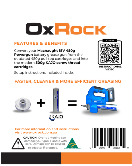 OxRock flyer featuring a grease gun adapter for Macnaught 18V Powergun to use 500g KAJO screw thread cartridges.