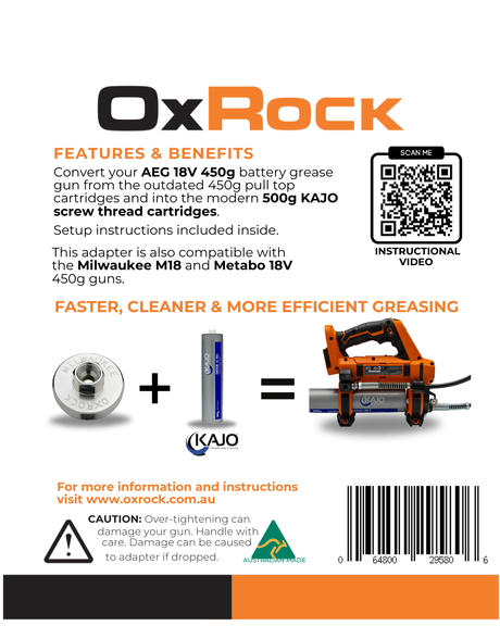 OxRock grease gun adapter flyer highlighting features, compatibility, QR code for video, and caution warning.