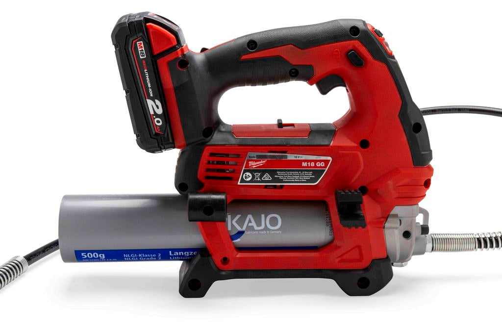Milwaukee M18 grease gun fitted with a KAJO 500g screw cartridge for efficient and mess-free lubrication.